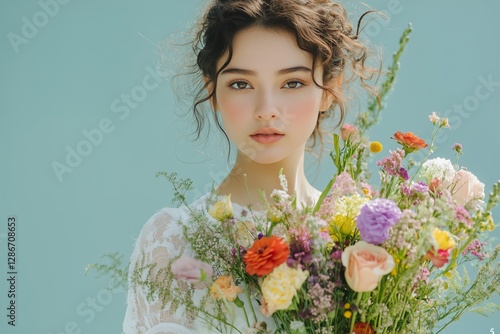 Young Woman Holding a Bouquet of Colorful Flowers in a Softly Lit Indoor Setting