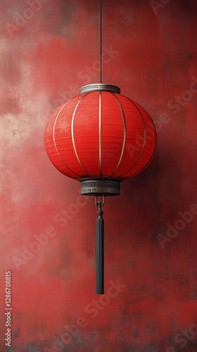 Bright Red Lantern Illuminates Textured Wall in Traditional Setting During Fe...