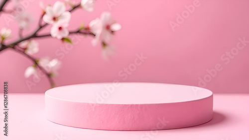 Obraz na płótnie Spring background with cylindrical podium for promotion. Round stage for product sales presentation. Stage pedestal or platform between delicate pink flowers on a pastel backdrop w salonie