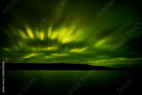 aurora, aurora, green, clouds, lake, reflection, water, long exposure, horizon, dark