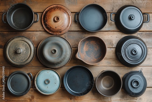 Variety of Vintage Cooking Pots and Pans Arranged on Wooden Surface in Warm L...