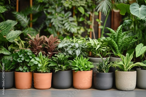 Variety of Potted Plants Arranged on a Patio in a Sunny Outdoor Setting