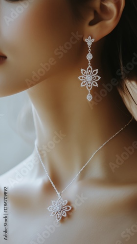 Elegant Model Showcasing Silver Jewelry With Intricate Design in Soft Lighting