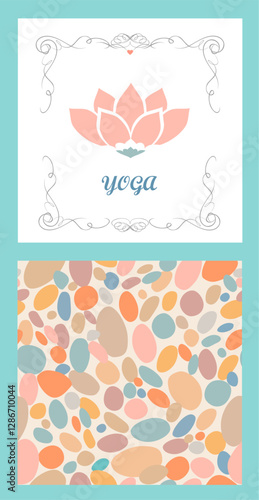 Template for logo design with Lotus pink flower icon and color natural stones seamless wallpaper for wellness, spa salon, Thai massage, visiting, business card, web banner.eps