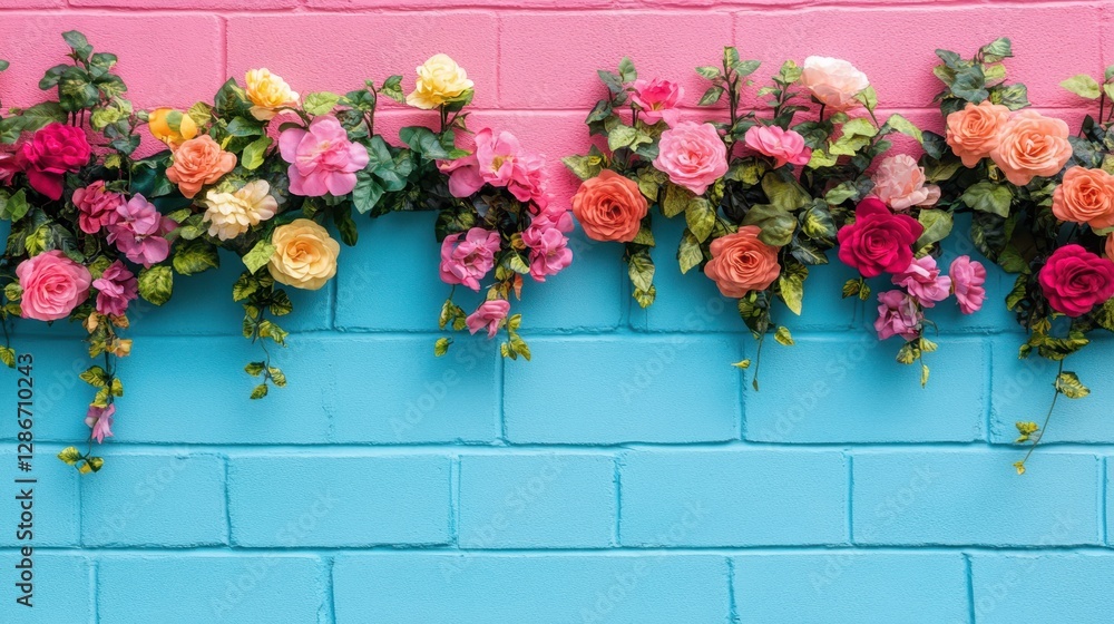 Fototapeta premium Colorful flowers in pink and yellow beautifully drape over a textured blue brick wall, creating a vibrant and artistic display of nature and architecture.