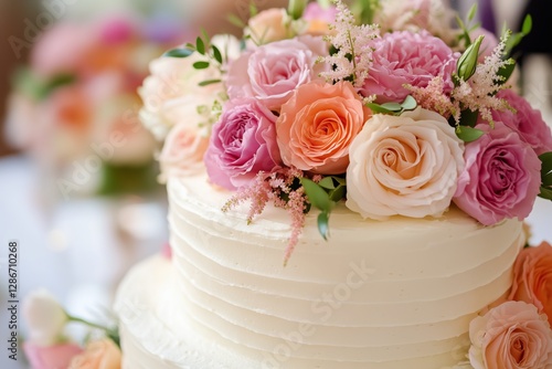 Elegant Wedding Cake Adorned With Fresh Flowers in a Stylish Venue