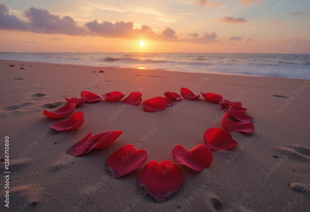 Fototapeta premium Heart shape formed by red petals on the beach during a romantic sunset