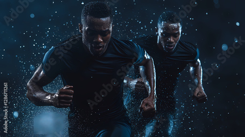Dynamic Duo's Sprint: Two determined athletes sprint forward, their faces reflecting focus and resolve amidst a cool, rain-kissed environment. The photograph captures their strength, speed.