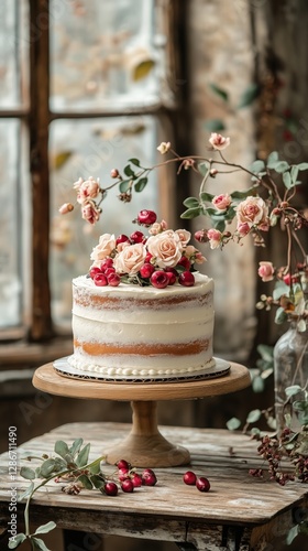 Delicious Berry and Cream Layered Cake Displayed at a Rustic Country Gatherin...