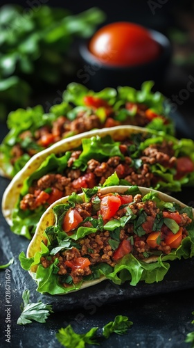 Freshly Made Beef Tacos Served With Lettuce and Tomatoes on a Dark Countertop