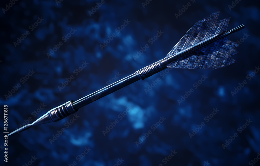 Fototapeta premium Intricate Dart: A close-up view of a meticulously crafted dart, its sharp point and feathered flights standing out against a textured blue background, embodying precision and focus.