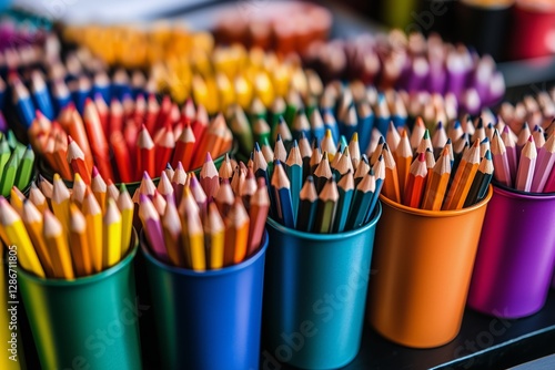 Colorful Collection of Pencils in Cups on a Bright Table in a Sunny Outdoor S...