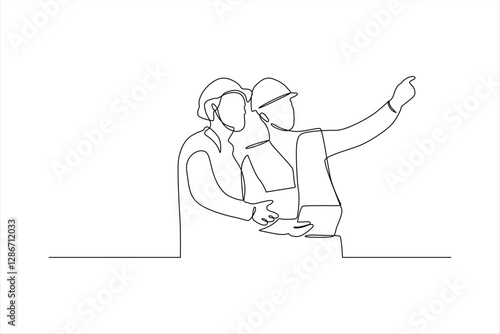 Two construction workers collaborating on a project, pointing towards future plans
