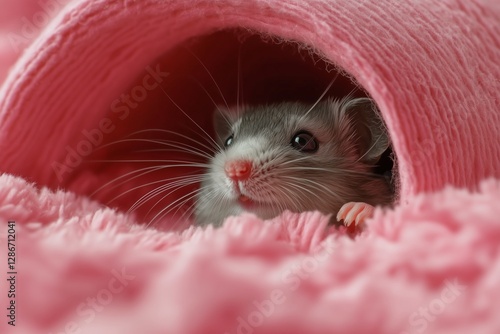 Sweet Hamster Peeking out From Under a Bright Pink Blanket in a Cozy Setting