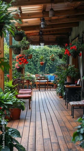 Cozy Outdoor Seating Area Surrounded by Lush Greenery and Wooden Deck in a Tr...