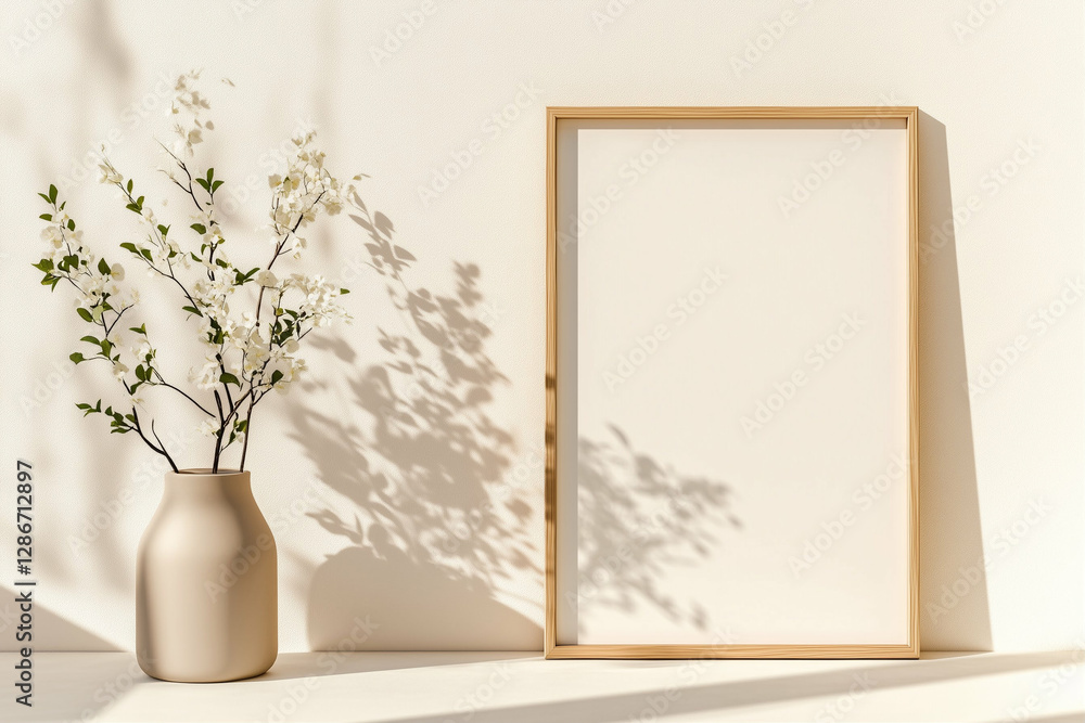 Flower arrangement in vase near picture frame on white surface. Home decor with flower vase and blossom branches with picture frame casting shadows on the wall Flower arrangement in vase near picture frame on white surface. Home decor with flower vase and blossom branches with picture frame casting shadows on the wall