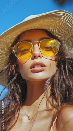 Stylish Woman Wearing Yellow Sunglasses and a Wide-Brimmed Hat on a Sunny Day...