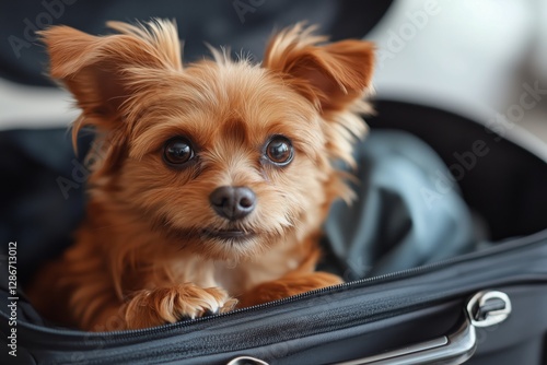 Cute Small Dog Peeking out From a Suitcase During Travel Preparations at Home