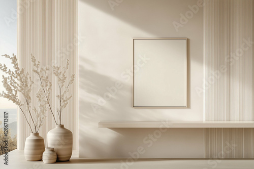 Vases with decorative branches in modern interior. Interior design with vases and frame on the wall. Modern decor with vases and decorative elements