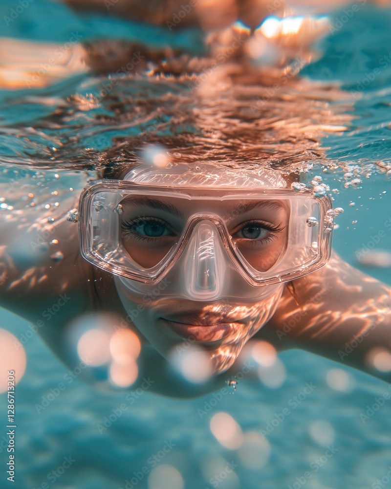 Naklejka premium Underwater Exploration: Young Girl with Snorkel Mask and Clear Water Background