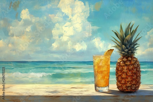 Refreshing Pineapple Drink on a Table With a Whole Pineapple in a Tropical Be...