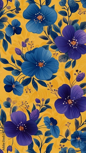Beautiful Floral Pattern With Blue and Purple Flowers on Yellow Background