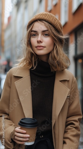 Woman in a Stylish Coat Sipping Coffee While Walking on a City Street During ...