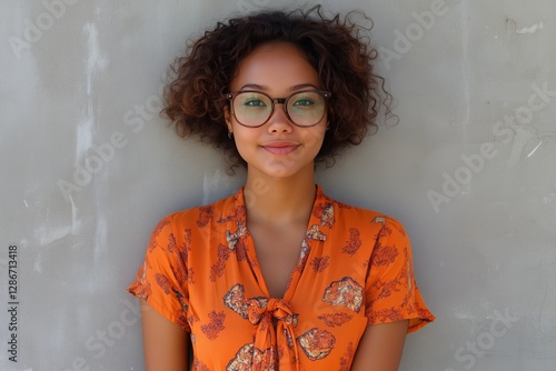 Young Woman With Curly Hair and Glasses Wears Orange Patterned Shirt Against ...