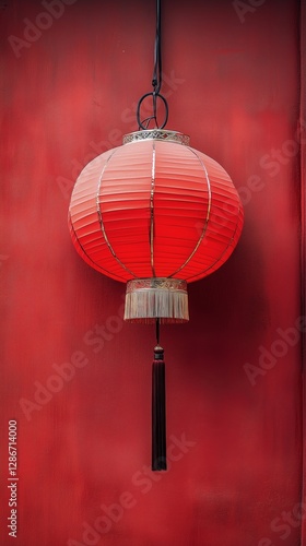 Bright Red Lantern Illuminates Textured Wall in Traditional Setting During Fe...