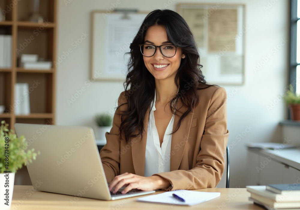 Smiling Professional Woman Working on a Laptop in a Modern Office Environment Smiling Professional Woman Working on a Laptop in a Modern Office Environment