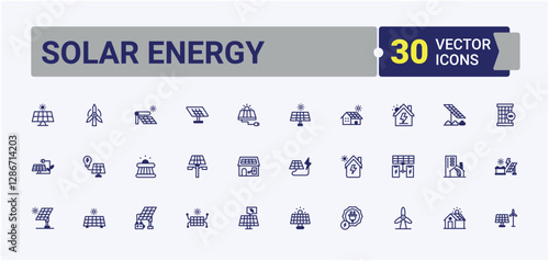 Solar Energy trendy minimal icons. Includes thin line sun, roof, fuel, atom, equipment, electricity, battery and more. Minimalistic icon. Solid line editable stroke. Vector line and solid icons.