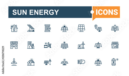 Sun Energy vector icon set. Contains such icons as roof, solar, component, renewable, electric, eco, light and more. Web icons. Outline and solid pictogram.