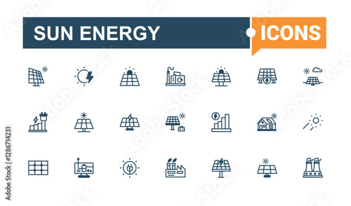 Sun Energy vector icon set. Contains such icons as roof, solar, component, renewable, electric, eco, light and more. Web icons. Outline and solid pictogram.