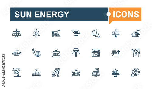 Sun Energy vector icon set. Contains such icons as roof, solar, component, renewable, electric, eco, light and more. Web icons. Outline and solid pictogram.