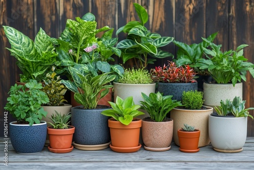 Variety of Potted Plants Arranged on a Patio in a Sunny Outdoor Setting