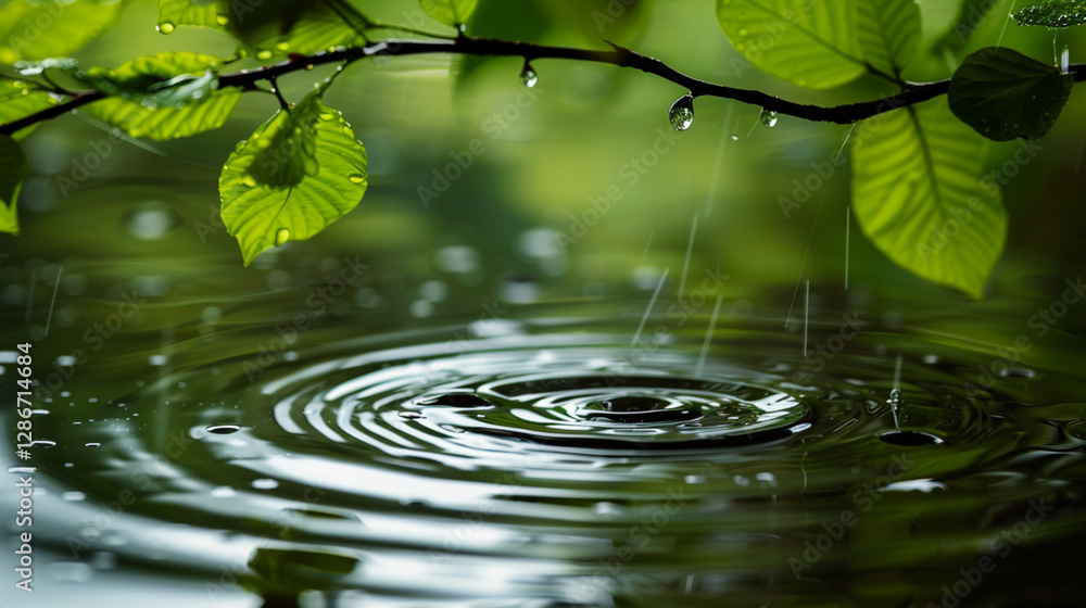 Serene nature scene with raindrop splashes forming circular ripples in the water Serene nature scene with raindrop splashes forming circular ripples in the water
