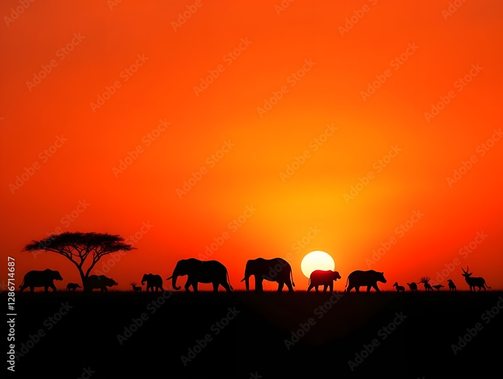 Africa safari animal silhouettes, sunset landscape Africa safari animal silhouettes, sunset landscape