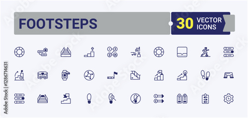 Footsteps line icon. Contains linear outline icons like stairs, step, mark, climb, way, process, business, footprint. Expanded stroke. Vector outline and solid icons collection.