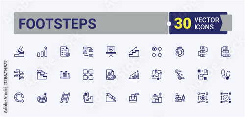 Footsteps line icon. Contains linear outline icons like stairs, step, mark, climb, way, process, business, footprint. Expanded stroke. Vector outline and solid icons collection.