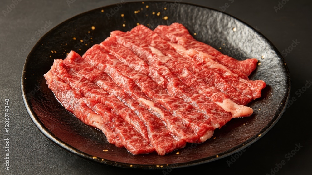 Freshly Sliced Raw Beef for Sukiyaki or Shabu Shabu Preparation on Black Plate Freshly Sliced Raw Beef for Sukiyaki or Shabu Shabu Preparation on Black Plate