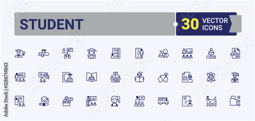 Student isolated icon set. Includes icons for student, business, team, teacher, web, learning and more. Icons for design. Solid line editable stroke.