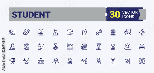 Student isolated icon set. Includes icons for student, business, team, teacher, web, learning and more. Icons for design. Solid line editable stroke.