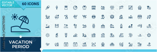 Vacation Period icons set. Contains related to flip, sport, tour, house, tropical, pack, fresh, tourism. Outline icon. Solid line editable stroke. Vector line and solid icons.