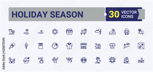 Holiday Season line icons set. Contains related to ice cream, ice, fish, star, sea, diving, flops and more. Collection for mobile and web apps. Signs for web, mobile app, packaging.