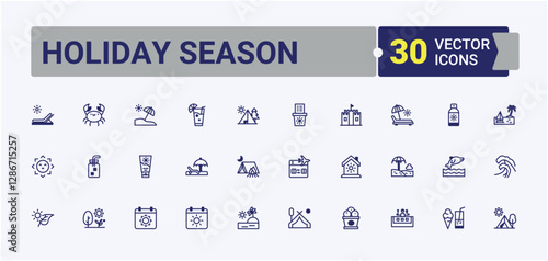 Holiday Season line icons set. Contains related to ice cream, ice, fish, star, sea, diving, flops and more. Collection for mobile and web apps. Signs for web, mobile app, packaging.