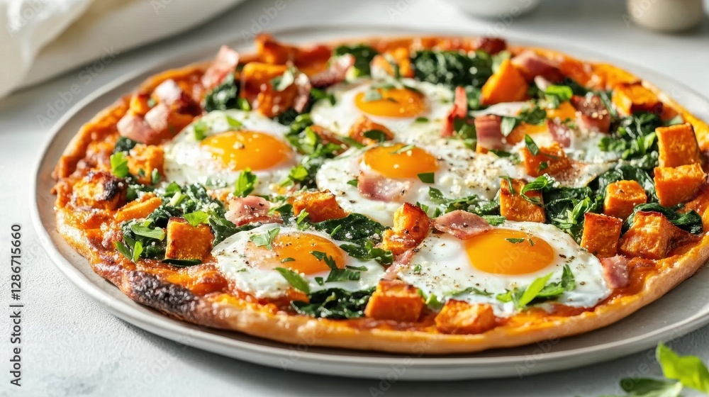 A delicious egg and vegetable pizza topped with vibrant greens, sweet potatoes, and golden yolks, perfect for breakfast or brunch. A delicious egg and vegetable pizza topped with vibrant greens, sweet potatoes, and golden yolks, perfect for breakfast or brunch.