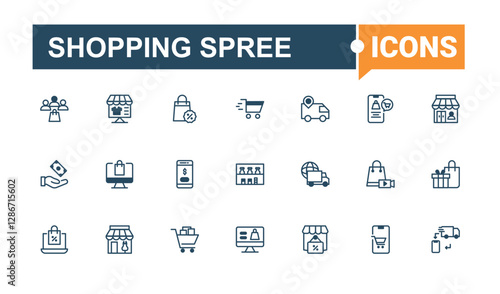 Shopping Spree line icons. Contains such icons as customer, shop, grocery, service, pay, supermarket, tag, retail. Expanded stroke. Vector icon and illustration.