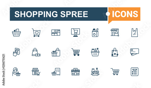 Shopping Spree line icons. Contains such icons as customer, shop, grocery, service, pay, supermarket, tag, retail. Expanded stroke. Vector icon and illustration.