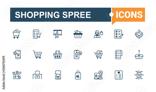 Shopping Spree line icons. Contains such icons as customer, shop, grocery, service, pay, supermarket, tag, retail. Expanded stroke. Vector icon and illustration.
