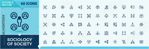 Sociology of Society icons set in linear style. It contains symbols to academy, behavior, research, psychology, internet, science, degree. Flat icon design. Editable vector outline and solid icons.